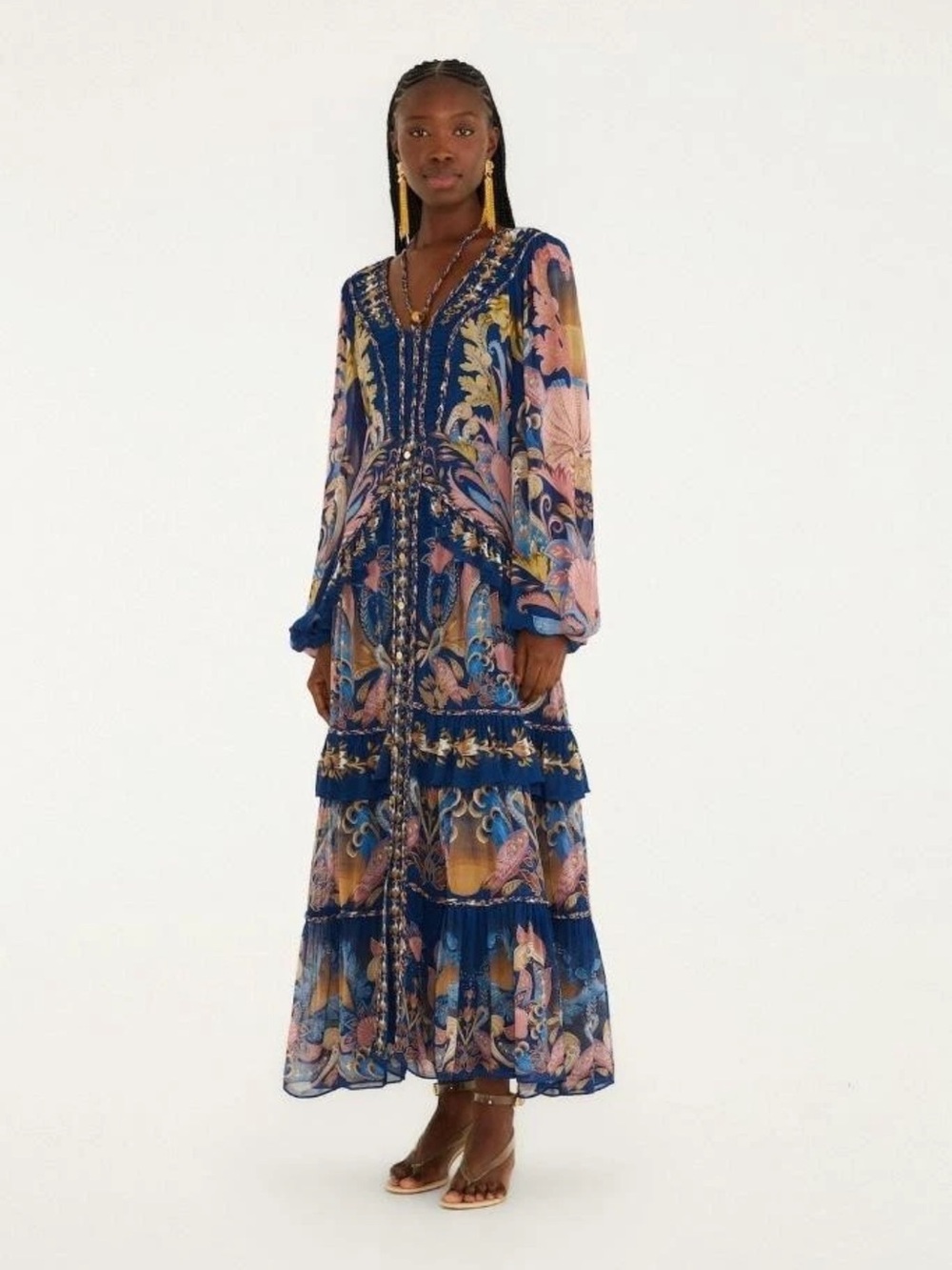 NWT FARM RIO Navy Blue Sea Garden Braid Details Maxi Dress Rare Size L